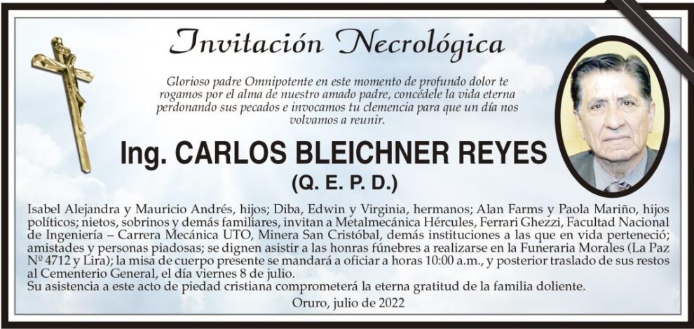 Invitación Necrológica para Ing. Carlos Bleichner Reyes