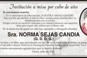 Invitación a misa por Norma Sejas Candia en su aniversario de fallecimiento