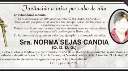 Invitación a misa por Norma Sejas Candia en su aniversario de fallecimiento