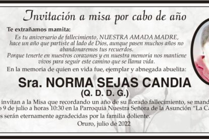 Invitación a misa por Norma Sejas Candia en su aniversario de fallecimiento