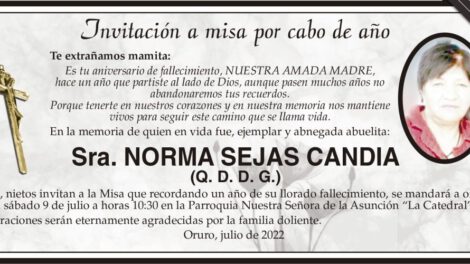 Invitación a misa por Norma Sejas Candia en su aniversario de fallecimiento