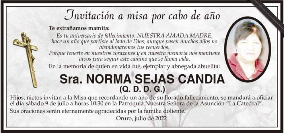 Invitación a misa por Norma Sejas Candia en su aniversario de fallecimiento