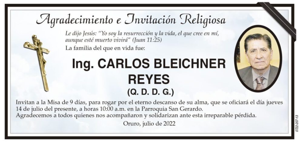 Agradecimiento e Invitación Religiosa: Ing. Carlos Bleichner Reyes