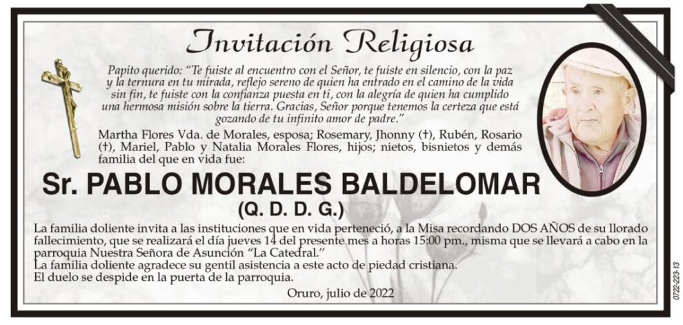 Invitación Religiosa para Pablo Morales Baldelomar