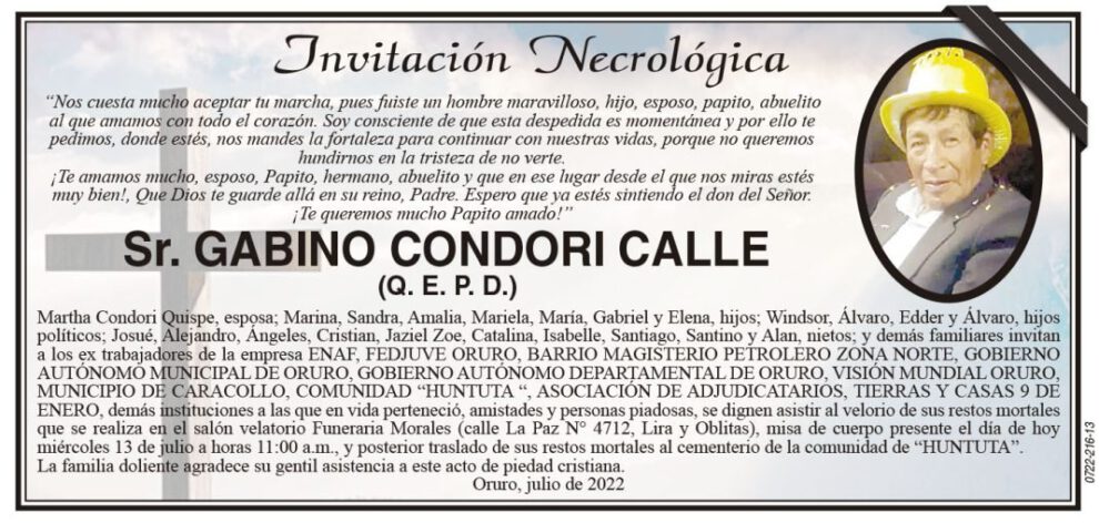 Invitación Necrológica para Gabino Condori Calle