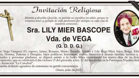 Invitación Religiosa en memoria de Lily Mier Bascope