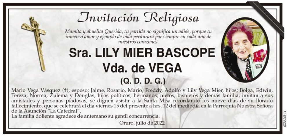 Invitación Religiosa en memoria de Lily Mier Bascope