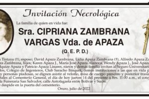 Invitación Necrológica de Cipriana Zambrana Vargas
