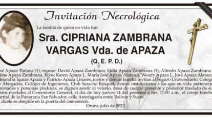 Invitación Necrológica de Cipriana Zambrana Vargas