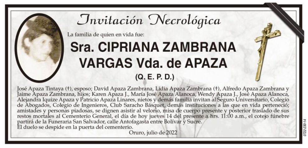 Invitación Necrológica de Cipriana Zambrana Vargas