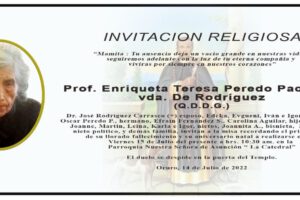Prof. Enriqueta Teresa Peredo Pacheco Vda. de Rodríguez, misa recordatoria