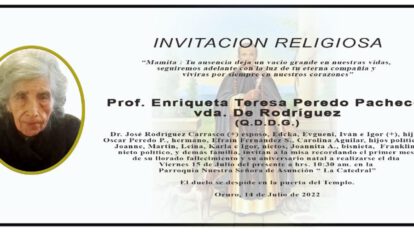 Prof. Enriqueta Teresa Peredo Pacheco Vda. de Rodríguez, misa recordatoria