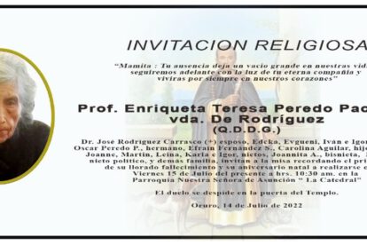Prof. Enriqueta Teresa Peredo Pacheco Vda. de Rodríguez, misa recordatoria