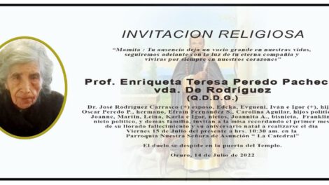 Prof. Enriqueta Teresa Peredo Pacheco Vda. de Rodríguez, misa recordatoria