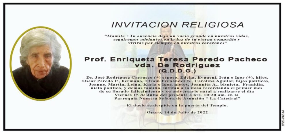 Prof. Enriqueta Teresa Peredo Pacheco Vda. de Rodríguez, misa recordatoria