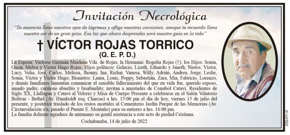 Invitación Necrológica para Víctor Rojas Torrico