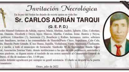 Invitación necrológica para Carlos Adrián Tarqui