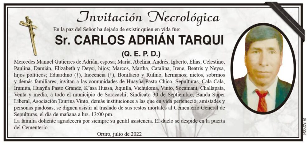 Invitación necrológica para Carlos Adrián Tarqui