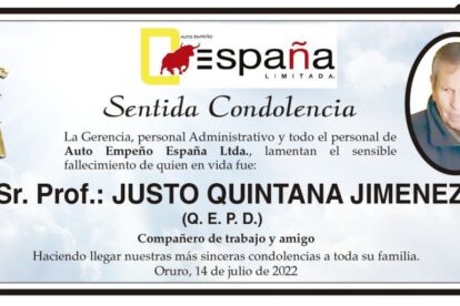 Condolencias por el fallecimiento de Justo Quintana Jimenez