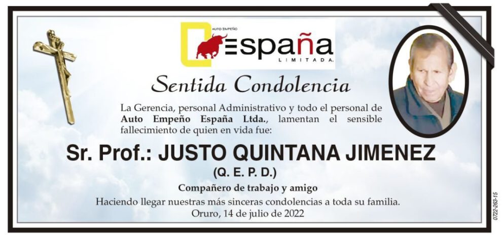 Condolencias por el fallecimiento de Justo Quintana Jimenez
