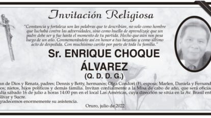 Invitación Religiosa en honor a Enrique Choque Álvarez