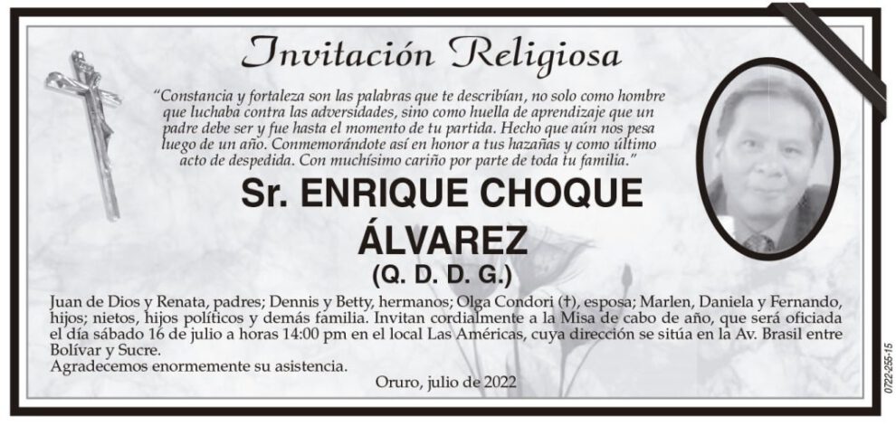 Invitación Religiosa en honor a Enrique Choque Álvarez