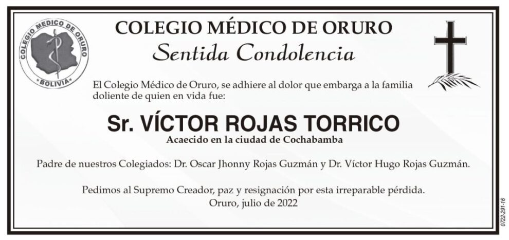Condolencias por la muerte de Víctor Rojas Torrico