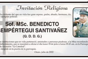Invitación Religiosa: Sof. MSc. Benedicto Sempértegui Santivañez