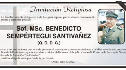 Invitación Religiosa: Sof. MSc. Benedicto Sempértegui Santivañez