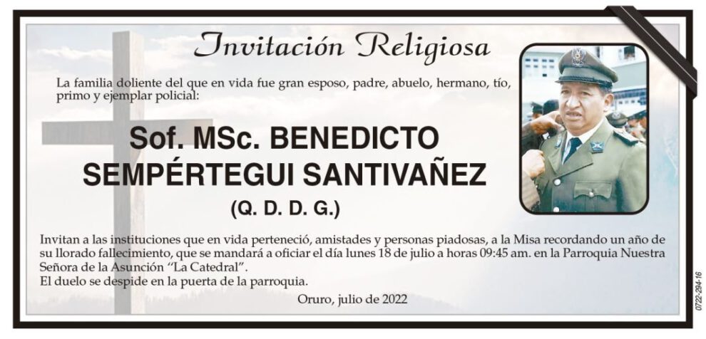 Invitación Religiosa: Sof. MSc. Benedicto Sempértegui Santivañez