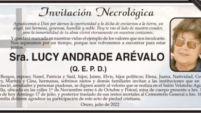 Invitación necrológica de Lucy Andrade Arévalo