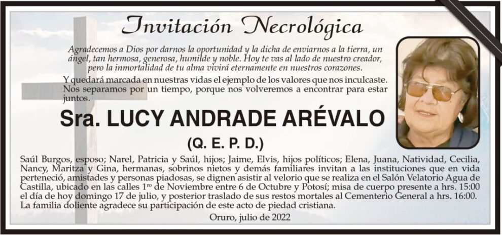 Invitación necrológica de Lucy Andrade Arévalo