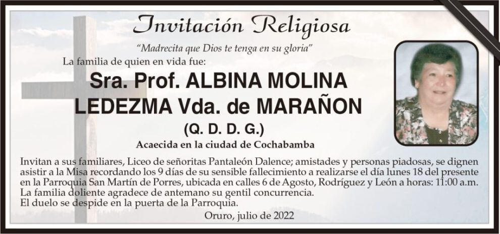 Invitación Religiosa para Albina Molina Ledezma