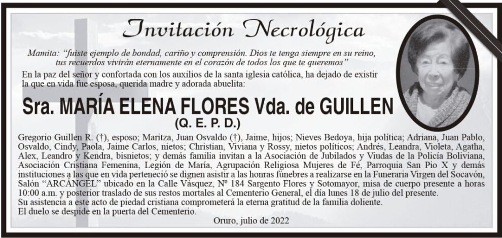 Invitación Necrológica: María Elena Flores Vda. de Guillen