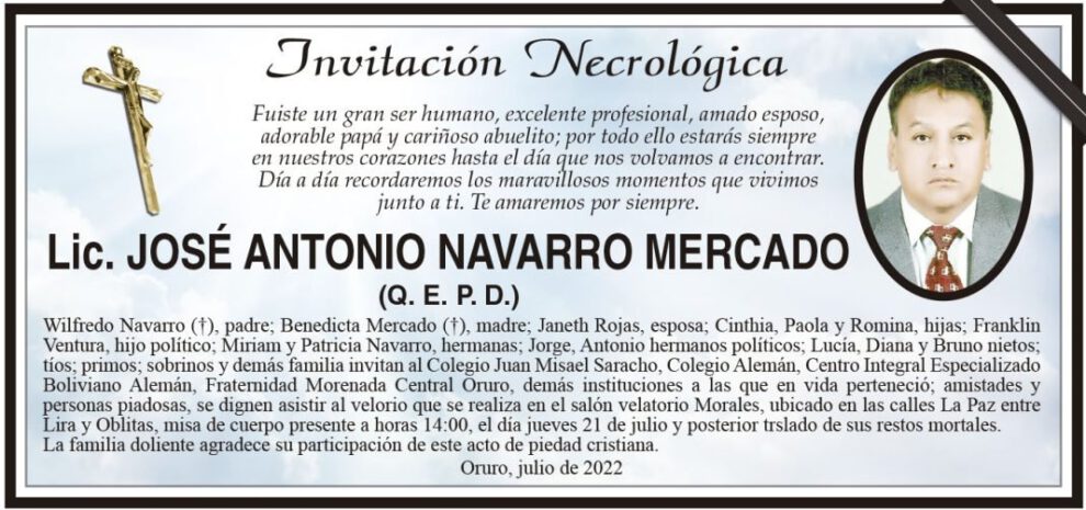 Invitación Necrológica Lic. José Antonio Navarro Mercado