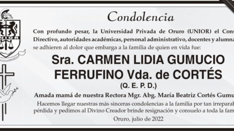 Condolencias por la Sra. Carmen Lidia Gumucio Ferrufino