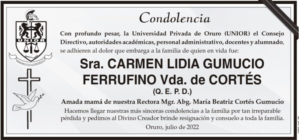 Condolencias por la Sra. Carmen Lidia Gumucio Ferrufino