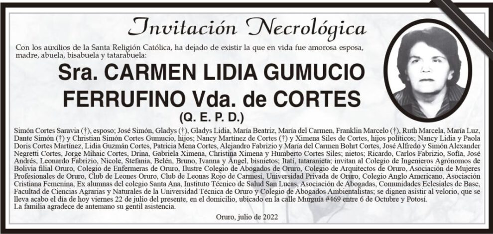 Invitación Necrológica de Carmen Lidia Gumucio Ferrufino