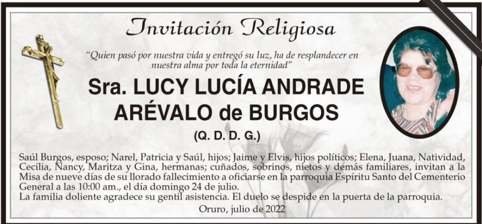 Invitación Religiosa para Lucy Lucía Andrade Arévalo