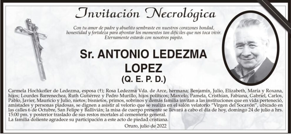 Invitación Necrológica para Antonio Ledezma Lopez