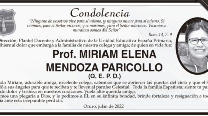 Condolencia por la partida de Prof. Miriam Elena Mendoza Paricollo
