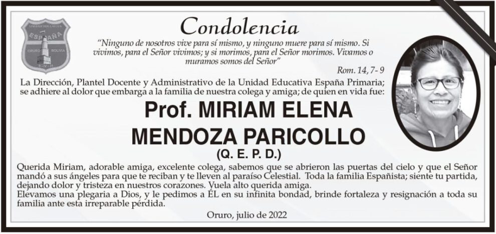 Condolencia por la partida de Prof. Miriam Elena Mendoza Paricollo