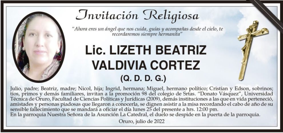 Lic. Lizeth Beatriz Valdivia Cortez, misa recordatoria