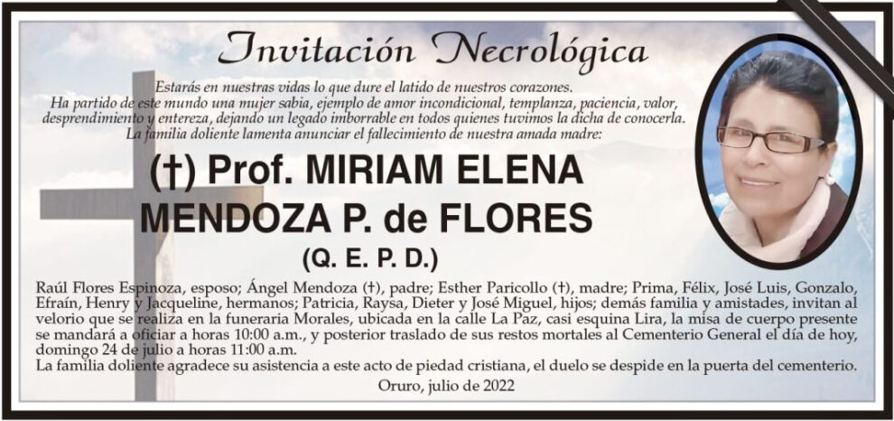 Invitación Necrológica: Prof. Miriam Elena Mendoza P. de Flores