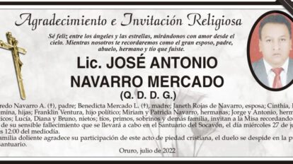 Lic. José Antonio Navarro Mercado en la misa recordatoria