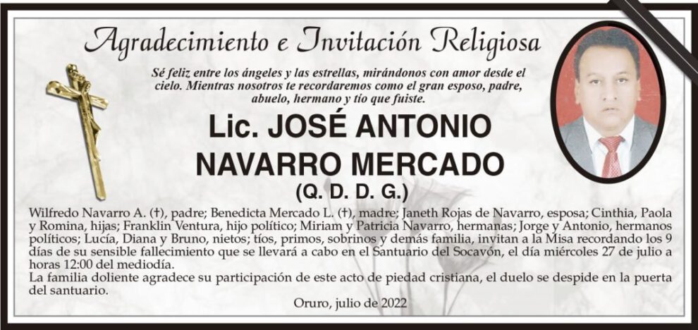 Lic. José Antonio Navarro Mercado en la misa recordatoria
