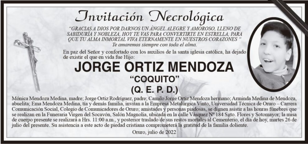 Invitación Necrológica de Jorge Ortiz Mendoza