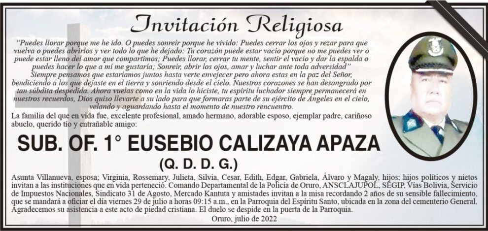 Eusebio Calizaya Apaza, invitación a misa recordatoria