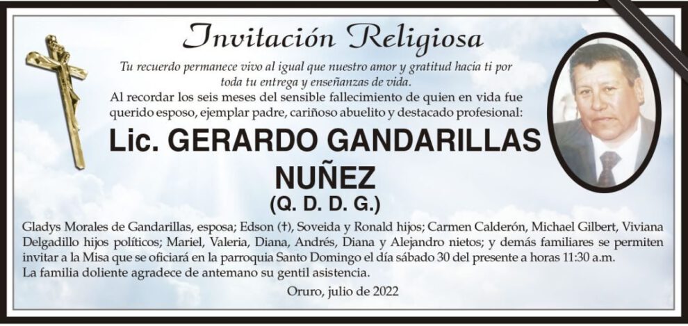 Lic. Gerardo Gandarillas Núñez, invitación religiosa