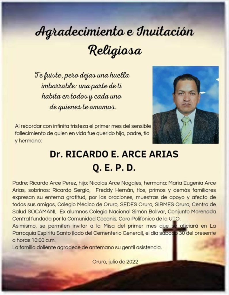 Agradecimiento e Invitación Religiosa: Dr. Ricardo E. Arce Arias
